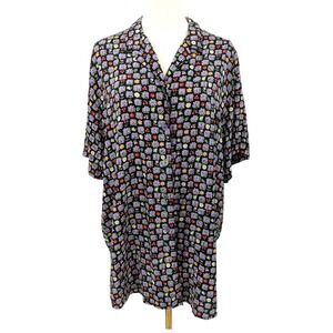 Teddi Black Floral Print Button Front Shirt Short Sleeve Women's XL Retro